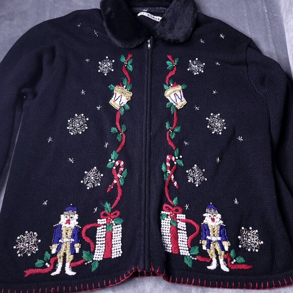 Vintage Vj Woman Christmas Sweater 1X Faux Fur Collar Embroidered Nutcracker - Picture 3 of 6